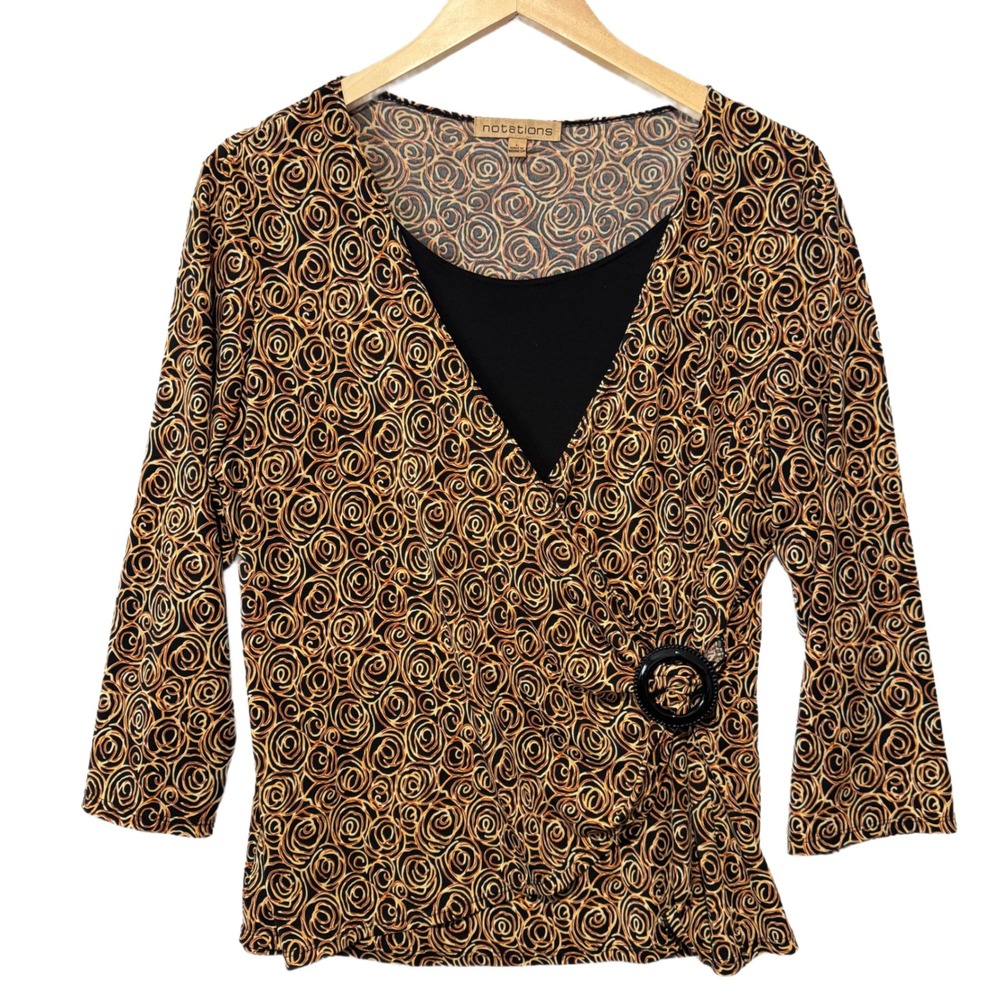 Notations Women's Black‎ Orange Swirl Print Faux Wrap Blouse Size L